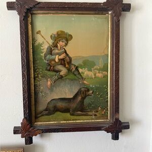 Vintage Framed Pastoral Art with Shepherd and Dog